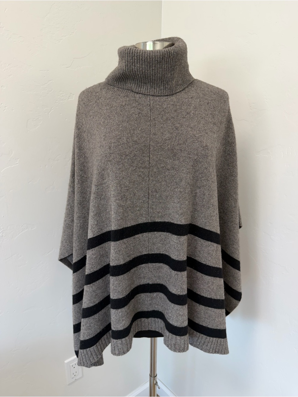 Eileen Fisher Yak Wool Blend Turtleneck Taupe with Black Stripes Poncho Size M/L